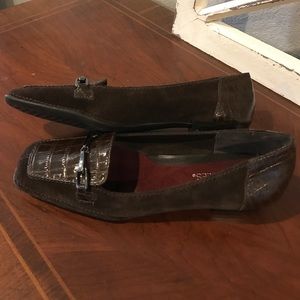 Brown suede loafers.